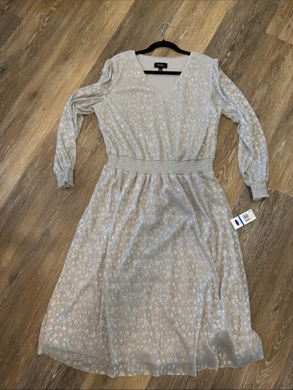 MSK Silver Metallic V-Neck Long Sleeve Midi Dress